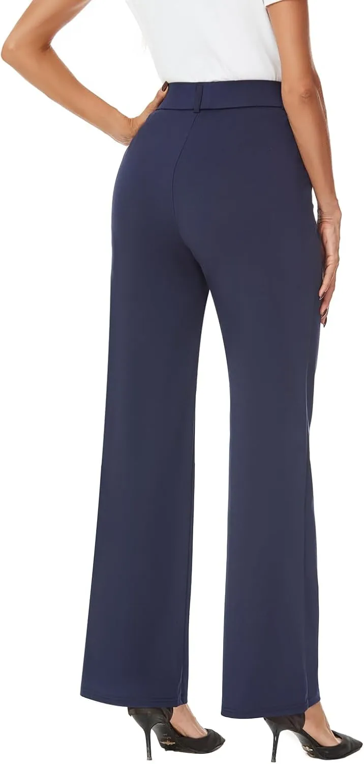 Womens Wide Straight Leg Pull-On Trousers Casual Slacks Dress Pants with Pockets
