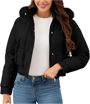 Womens Winter Cropped Puffer Jacket Padded Coat Casual Quilted Baggy Long Sleeve Hooded Zip Down Jackets Outerwear