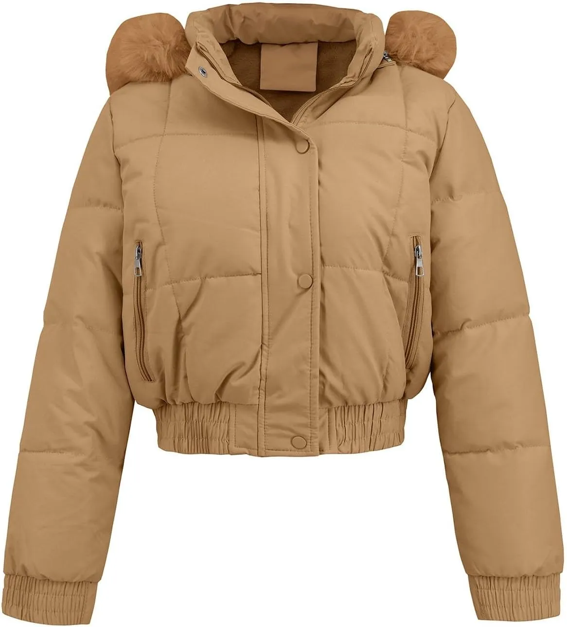 Womens Winter Cropped Puffer Jacket Padded Coat Casual Quilted Baggy Long Sleeve Hooded Zip Down Jackets Outerwear