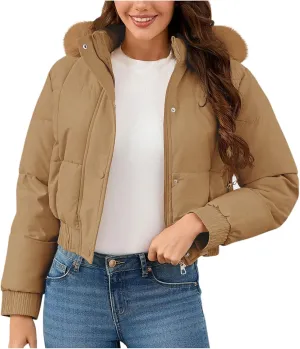Womens Winter Cropped Puffer Jacket Padded Coat Casual Quilted Baggy Long Sleeve Hooded Zip Down Jackets Outerwear