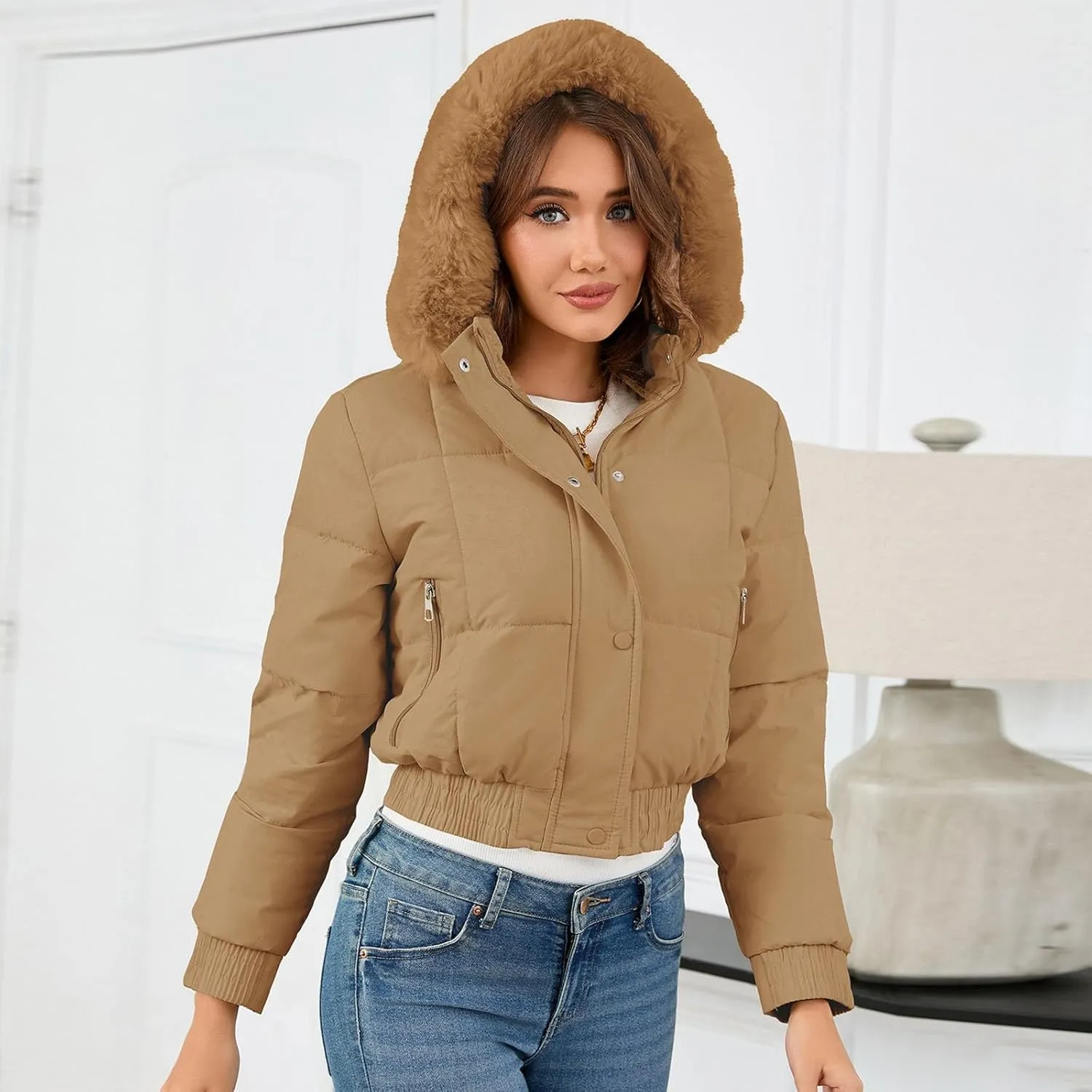 Womens Winter Cropped Puffer Jacket Padded Coat Casual Quilted Baggy Long Sleeve Hooded Zip Down Jackets Outerwear