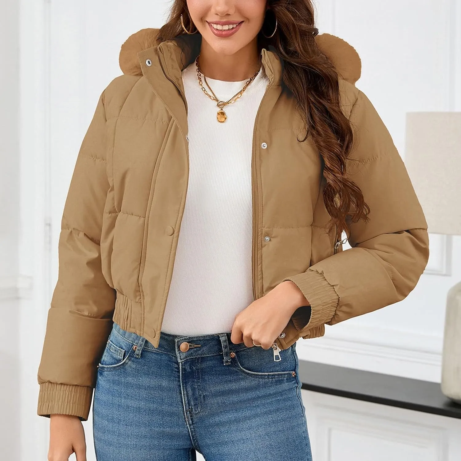 Womens Winter Cropped Puffer Jacket Padded Coat Casual Quilted Baggy Long Sleeve Hooded Zip Down Jackets Outerwear