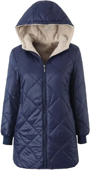 Women's Winter Hooded Plush Coat Warm Lamb Shacket Fleece Lined Jackets Padded Cotton Zip Up Heavyweight Coats
