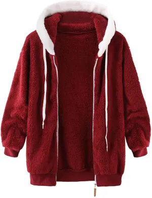 Women'S Winter Hoodies Loose Solid Color Artificial Wool Zipper Drawstring Long-Sleeved Warm Heavyweight Sweatshirt