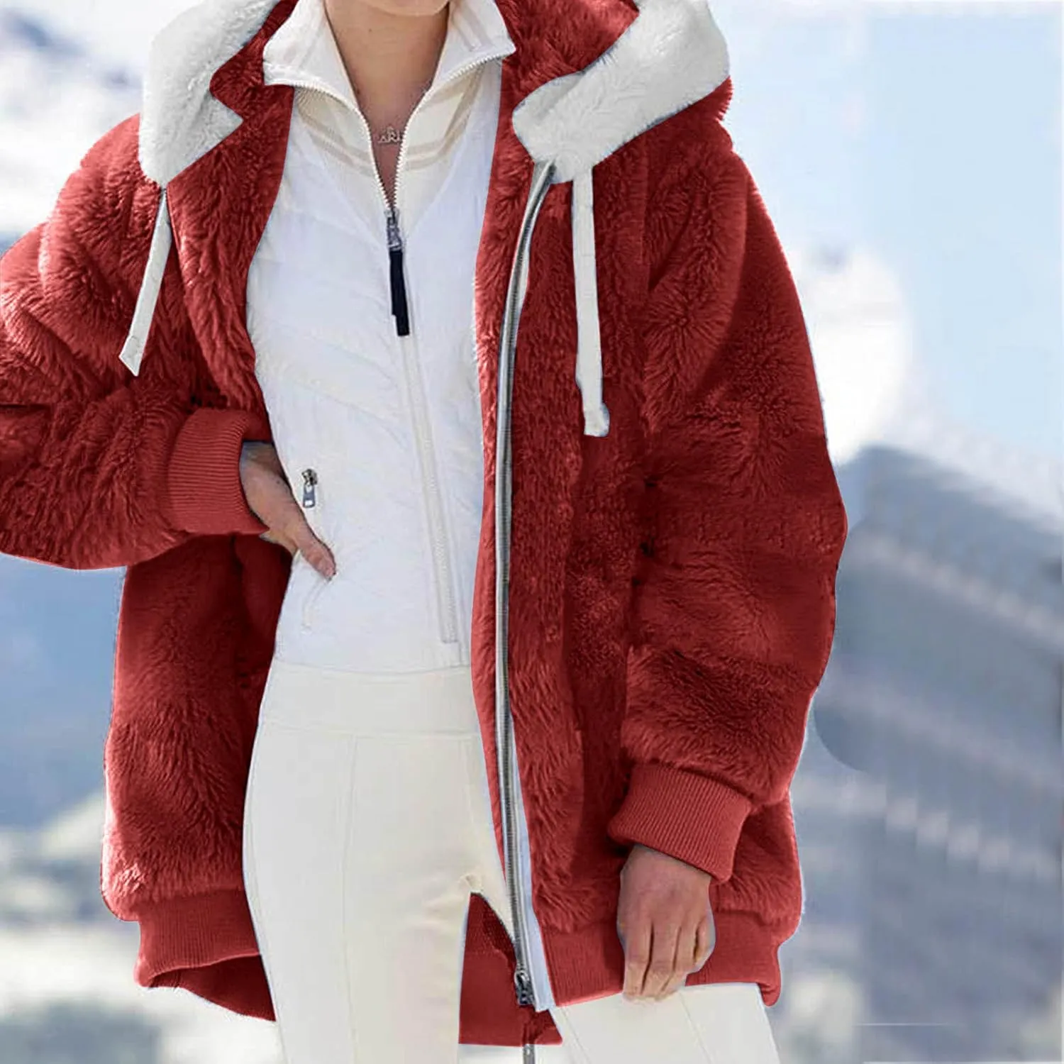 Women'S Winter Hoodies Loose Solid Color Artificial Wool Zipper Drawstring Long-Sleeved Warm Heavyweight Sweatshirt