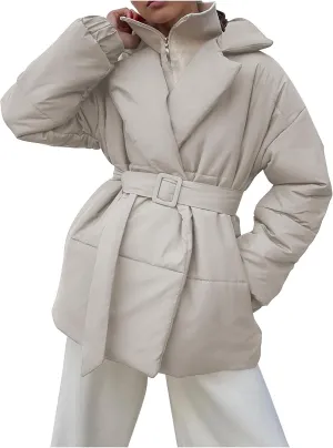 Women's Winter Lapel Collar Belted Mid Long Puffer Jacket Quilted Down Coat Long Sleeve Open Front Jackets Outerwear