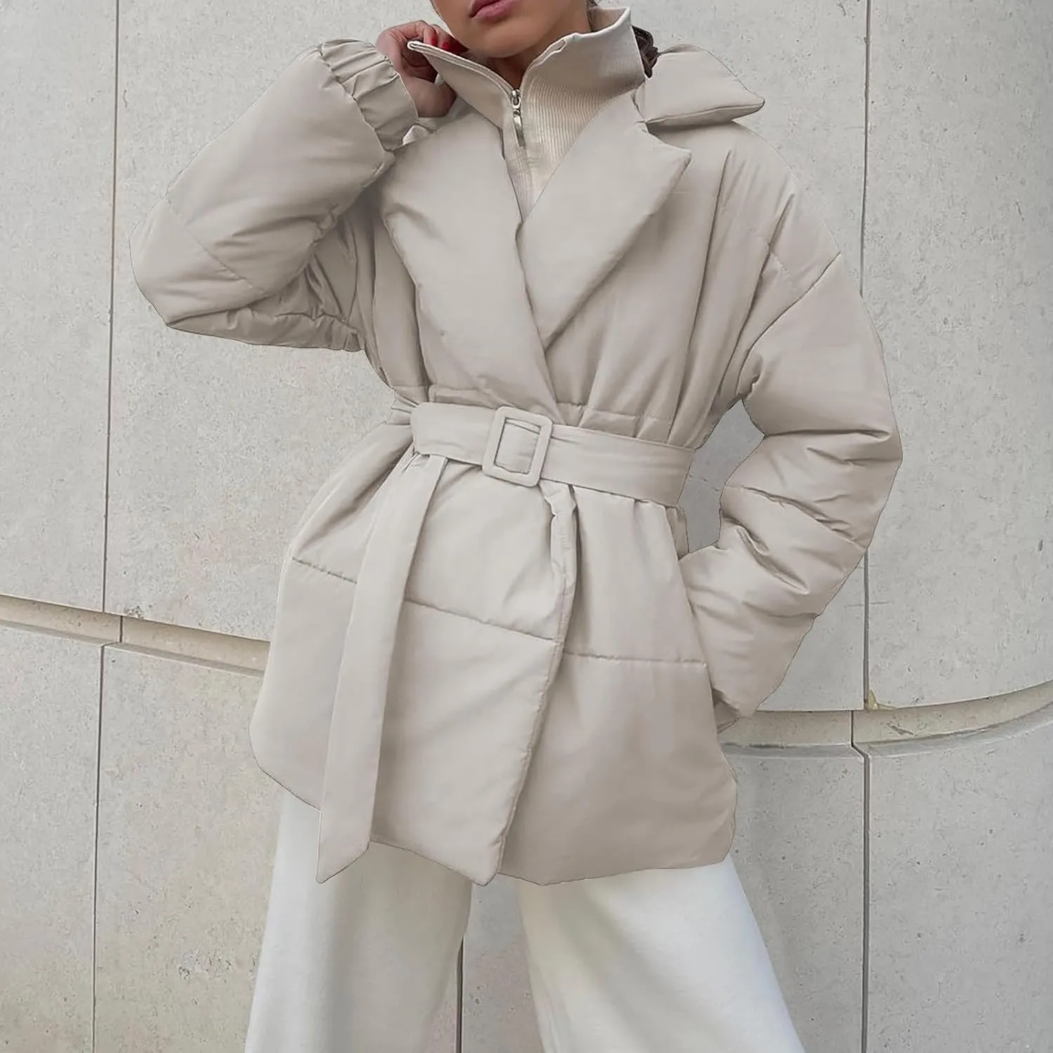 Women's Winter Lapel Collar Belted Mid Long Puffer Jacket Quilted Down Coat Long Sleeve Open Front Jackets Outerwear