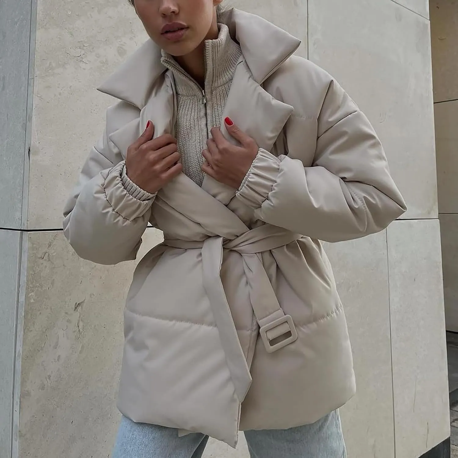 Women's Winter Lapel Collar Belted Mid Long Puffer Jacket Quilted Down Coat Long Sleeve Open Front Jackets Outerwear