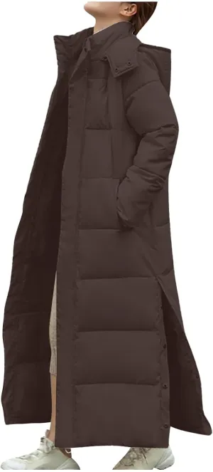 Womens Winter Long Puffer Coats Trendy Thicken Warm Quilted Down Jacket Hooded Windproof Parkas Zip Up Padded Outwear