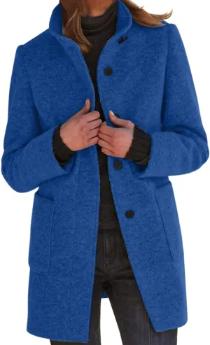Womens Wool Blend Trench Coat Lightweight Button Down Open Front Pea Coat Cozy Warm Stand Collar Outerwear with Pocket