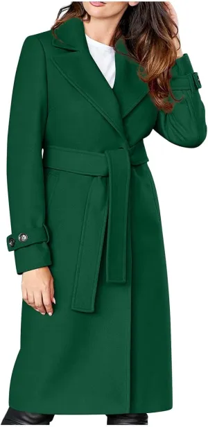 Womens Wool Blend Trench Coats Belted Notched Lapel Collar Overcoats Business Casual Long Sleeve Fashion Jackets