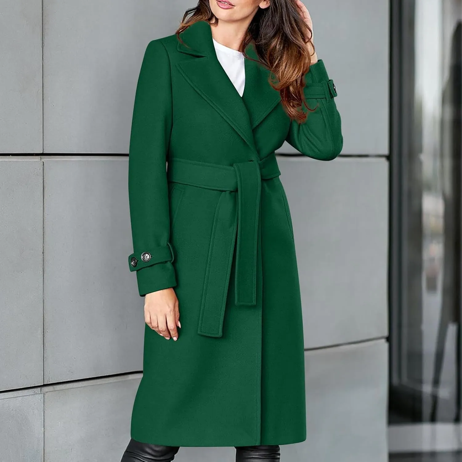Womens Wool Blend Trench Coats Belted Notched Lapel Collar Overcoats Business Casual Long Sleeve Fashion Jackets