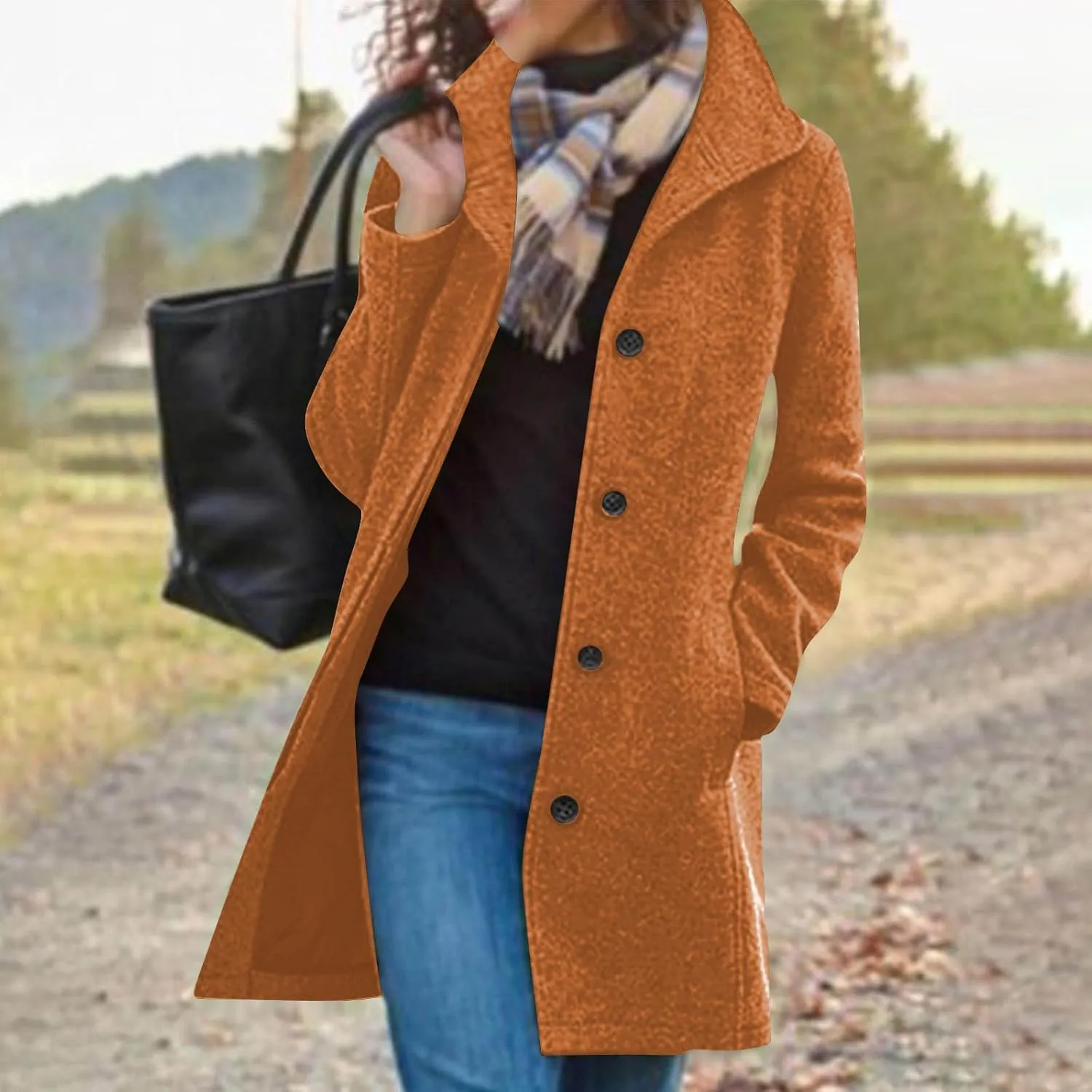 Women's Wool Pea Coat Mid Length Button Down Cardigan Fashion Overcoat Winter Casual Warm Fleece Trench Coat