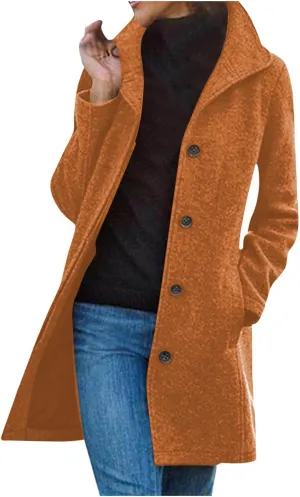 Women's Wool Pea Coat Mid Length Button Down Cardigan Fashion Overcoat Winter Casual Warm Fleece Trench Coat