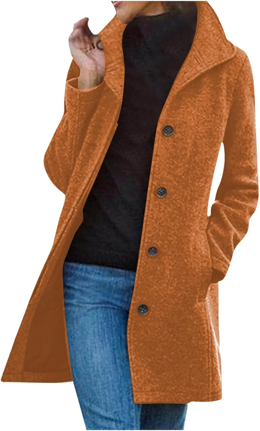 Women's Wool Pea Coat Mid Length Button Down Cardigan Fashion Overcoat Winter Casual Warm Fleece Trench Coat