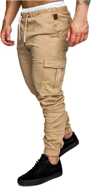 XUETON Mens Tapered Cargo Pants Slim Fit Chino Joggers Casual Work Trousers Sweatpants with Pockets and Drawstring Khaki