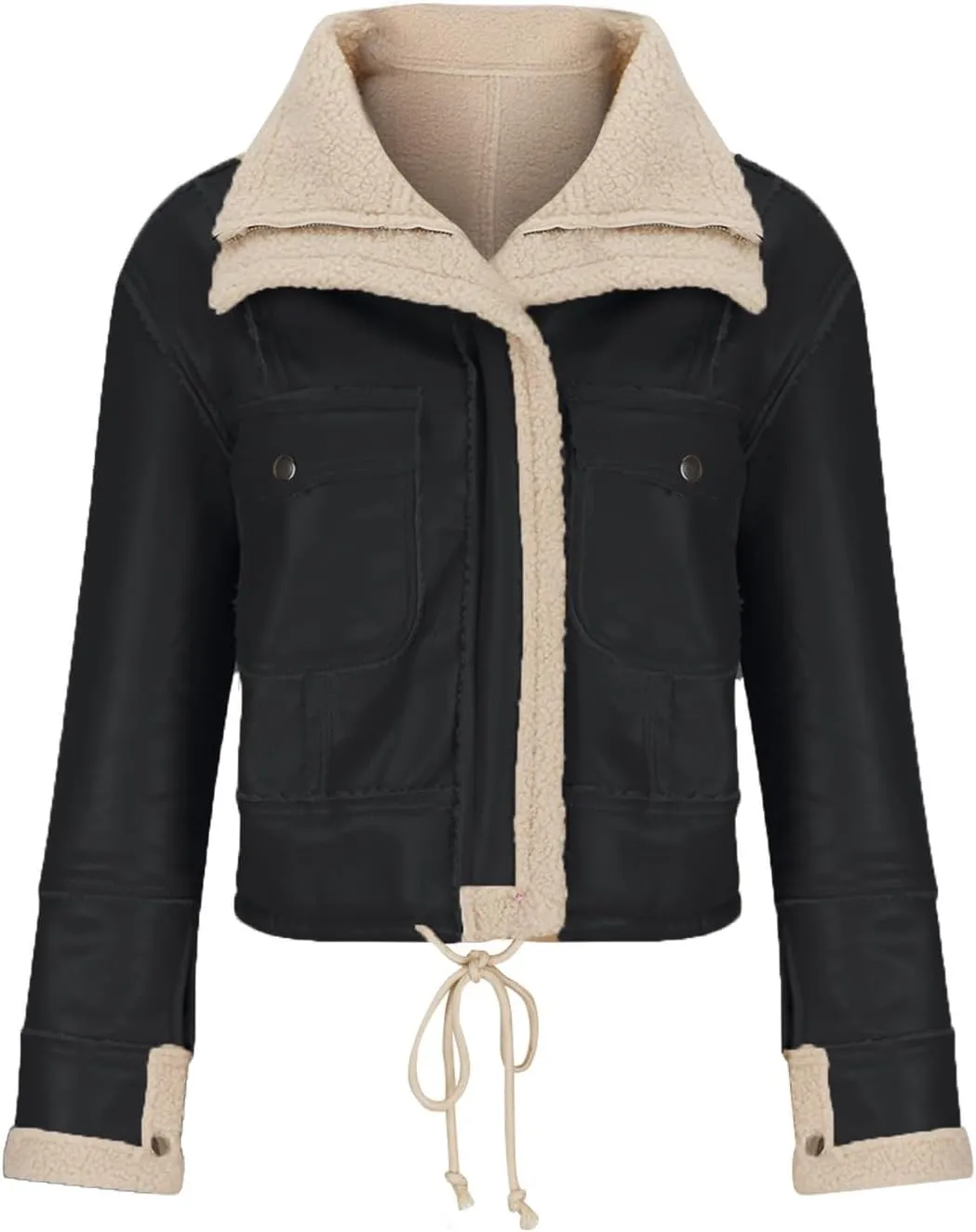 XUNRYAN Womens Faux-Leather Jackets Winter Sherpa Fleece Coat 2023 Fashion Cropped Zip Up Motorcycle Jacket Short Outerwear