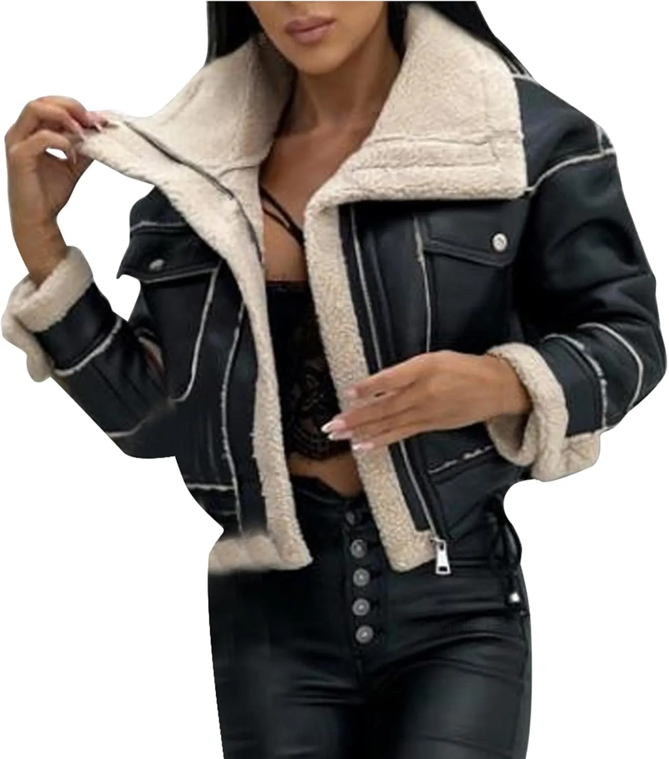 XUNRYAN Womens Faux-Leather Jackets Winter Sherpa Fleece Coat 2023 Fashion Cropped Zip Up Motorcycle Jacket Short Outerwear