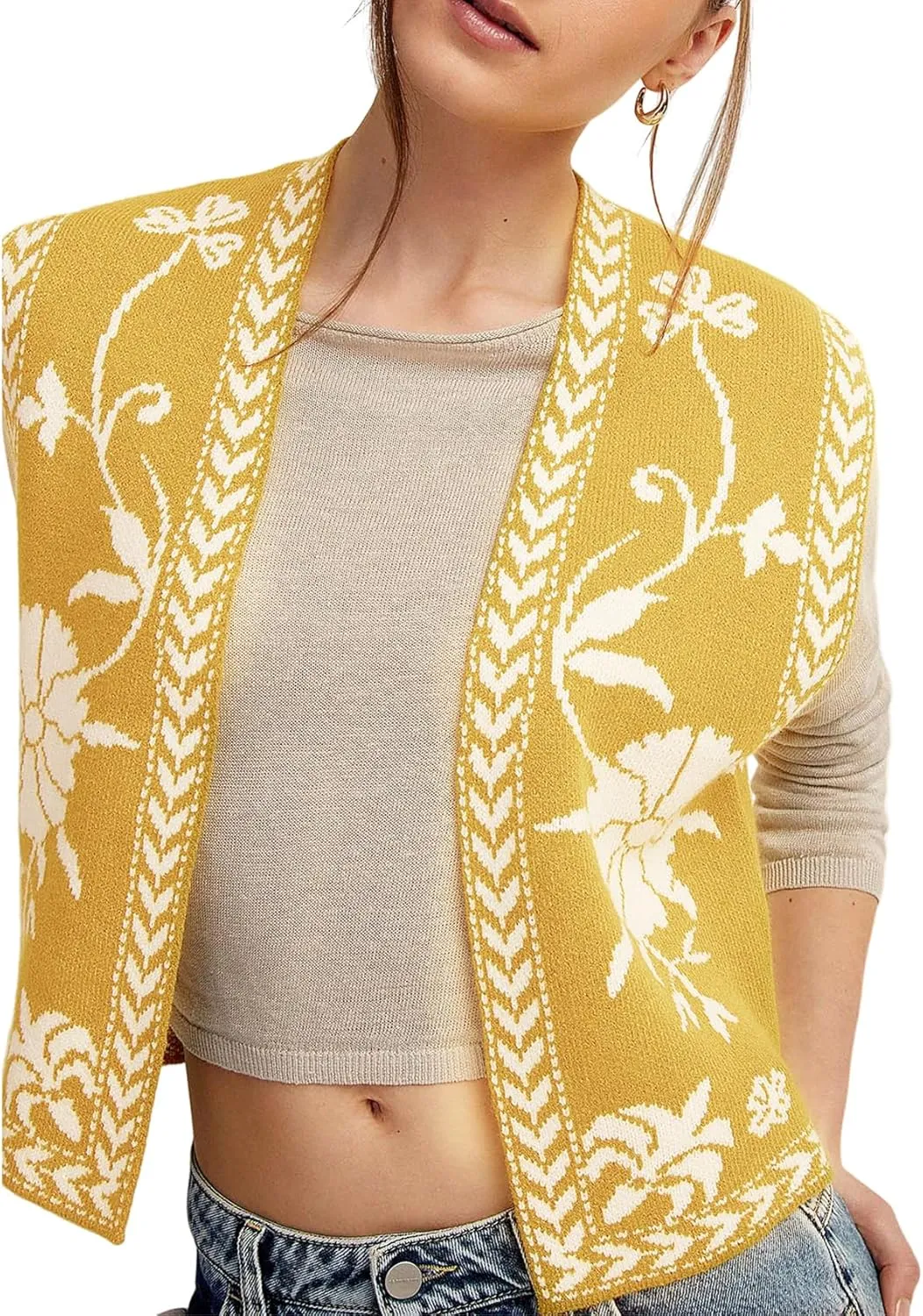 Yimoon Women's Floral Knit Embroidered Vest Y2K Sleeveless Open Front Cardigan Cropped Sweater Vest Top