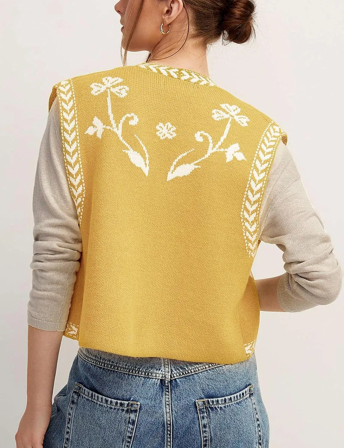 Yimoon Women's Floral Knit Embroidered Vest Y2K Sleeveless Open Front Cardigan Cropped Sweater Vest Top