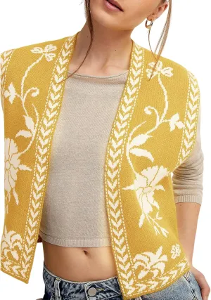 Yimoon Women's Floral Knit Embroidered Vest Y2K Sleeveless Open Front Cardigan Cropped Sweater Vest Top