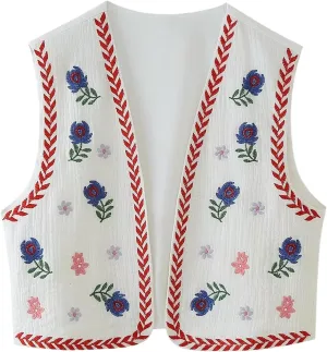 Yimoon Women's Vintage Floral Embroidered Vest Boho Casual Open Front Sleeveless Cardigan Waistcoat