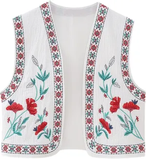 Yimoon Women's Vintage Floral Embroidered Vest Boho Casual Open Front Sleeveless Cardigan Waistcoat
