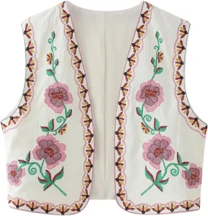 Yimoon Women's Vintage Floral Embroidered Vest Boho Casual Open Front Sleeveless Cardigan Waistcoat