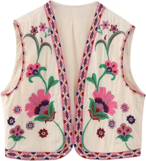 Yimoon Women's Vintage Floral Embroidered Vest Boho Casual Open Front Sleeveless Cardigan Waistcoat