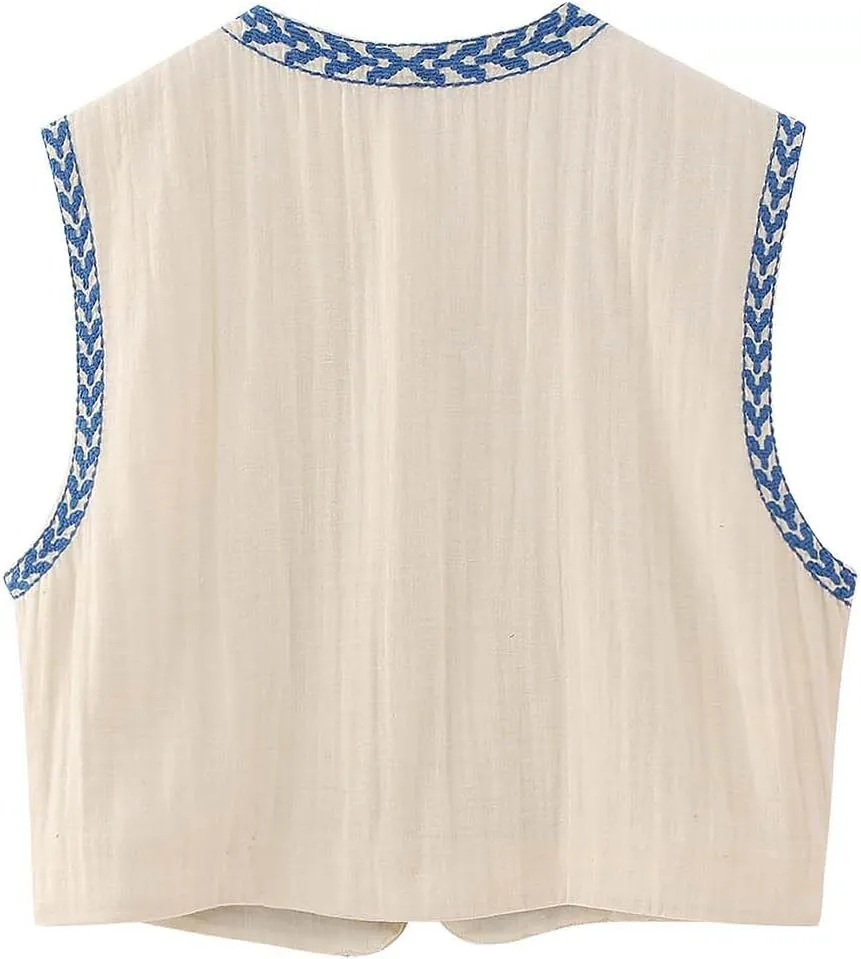 Yimoon Women's Vintage Floral Embroidered Vest Boho Casual Open Front Sleeveless Cardigan Waistcoat