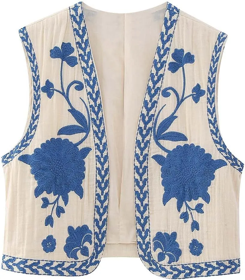 Yimoon Women's Vintage Floral Embroidered Vest Boho Casual Open Front Sleeveless Cardigan Waistcoat