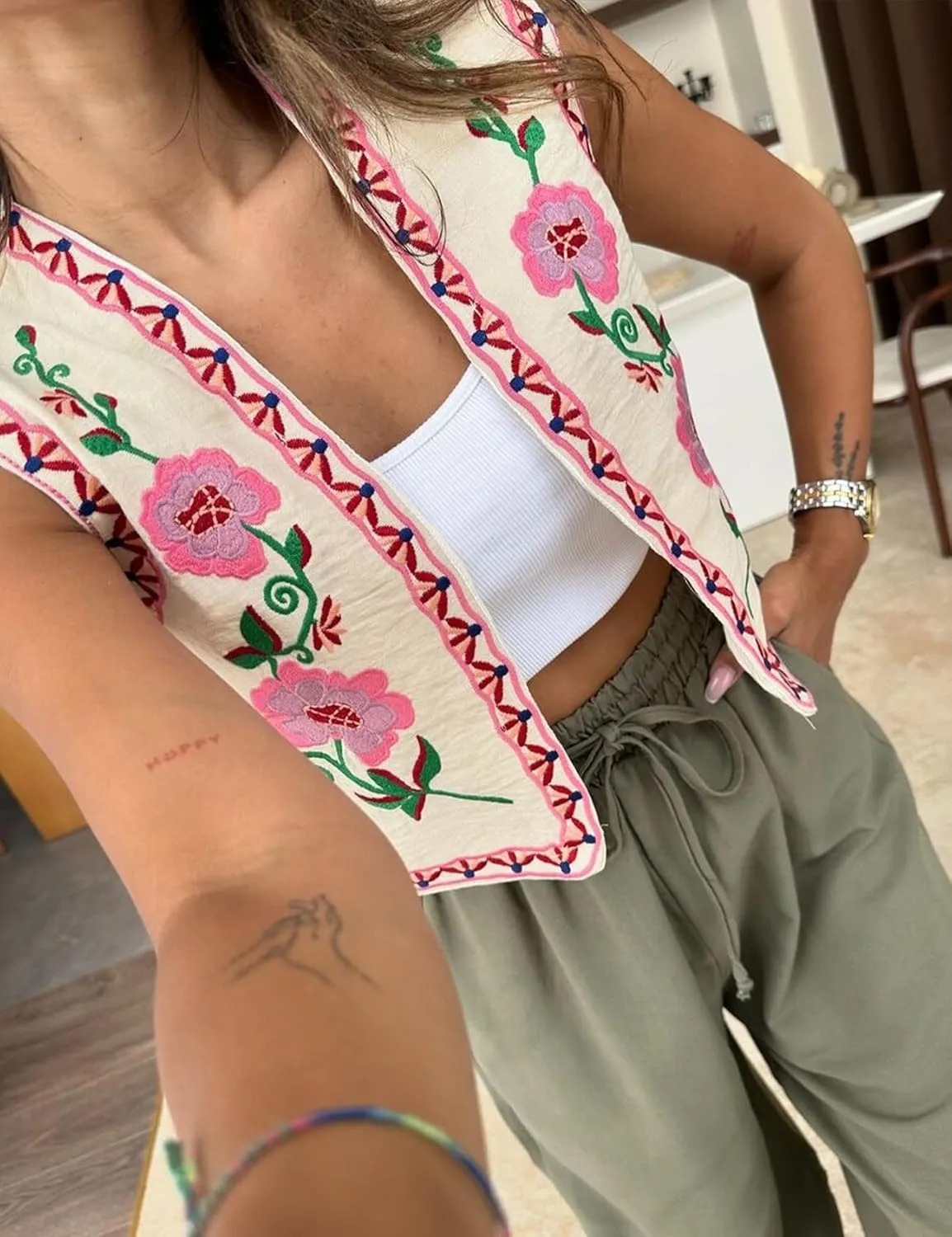 Yimoon Women's Vintage Floral Embroidered Vest Boho Casual Open Front Sleeveless Cardigan Waistcoat