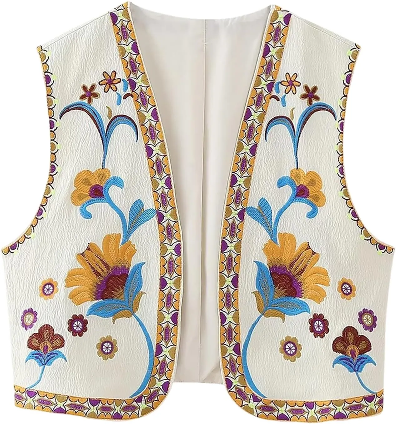 Yimoon Women's Vintage Floral Embroidered Vest Boho Casual Open Front Sleeveless Cardigan Waistcoat