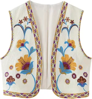 Yimoon Women's Vintage Floral Embroidered Vest Boho Casual Open Front Sleeveless Cardigan Waistcoat
