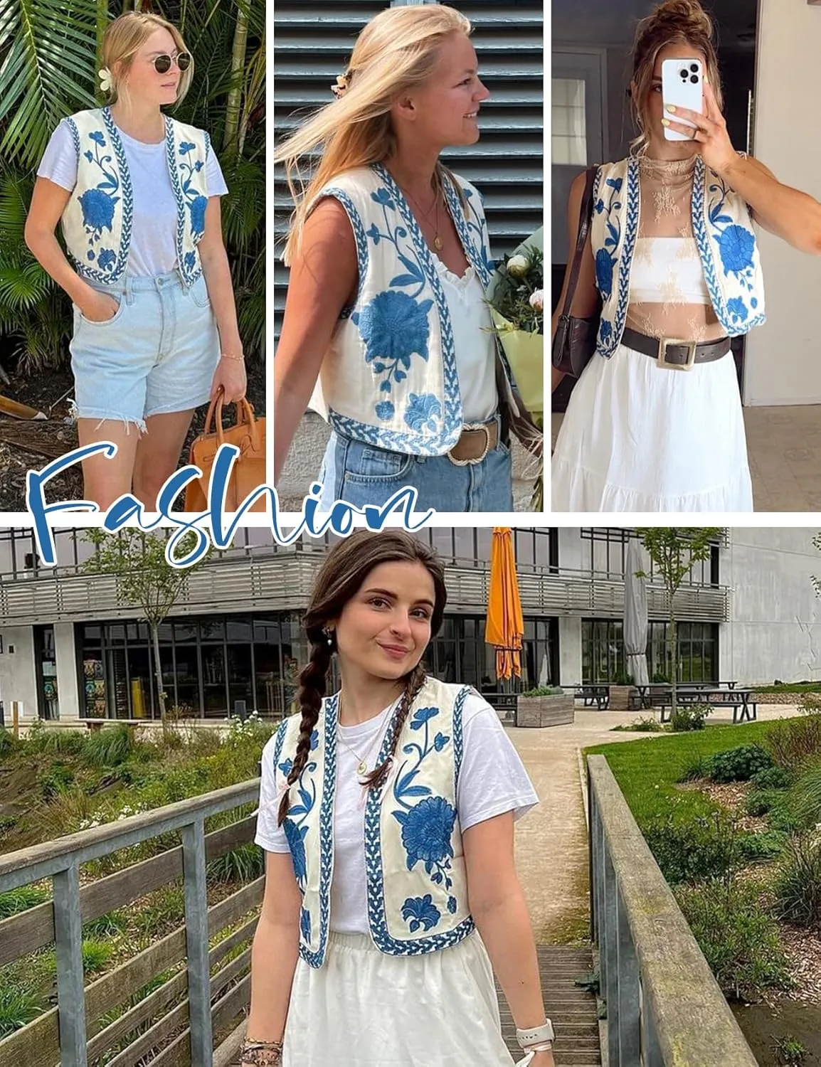 Yimoon Women's Vintage Floral Embroidered Vest Boho Casual Open Front Sleeveless Cardigan Waistcoat