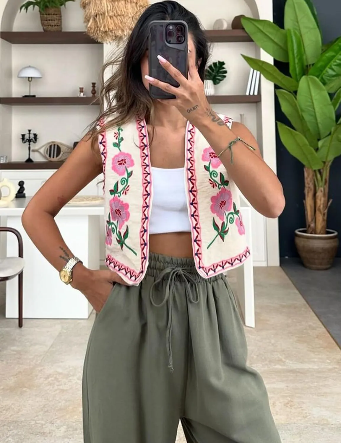 Yimoon Women's Vintage Floral Embroidered Vest Boho Casual Open Front Sleeveless Cardigan Waistcoat