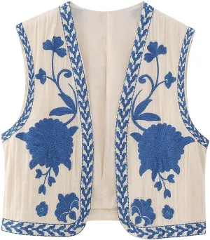 Yimoon Women's Vintage Floral Embroidered Vest Boho Casual Open Front Sleeveless Cardigan Waistcoat