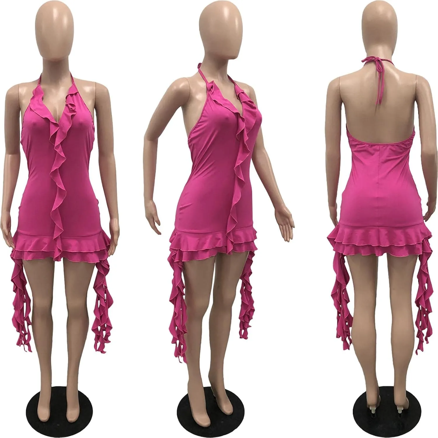 Yuopeid Women's Summer Halter V Neck Sexy Backless Mini Dress Sleeveless Fashion Ruffle Tassels Bodycon Cocktail Short Dress