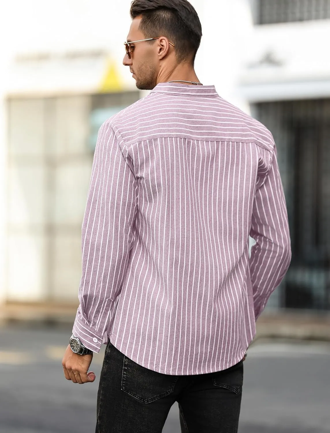 ZAFUL Men's Casual Button-Down Shirts Long Sleeve Striped Cuban Guayabera Banded Collar with Pocket All-Day Shirt Tops