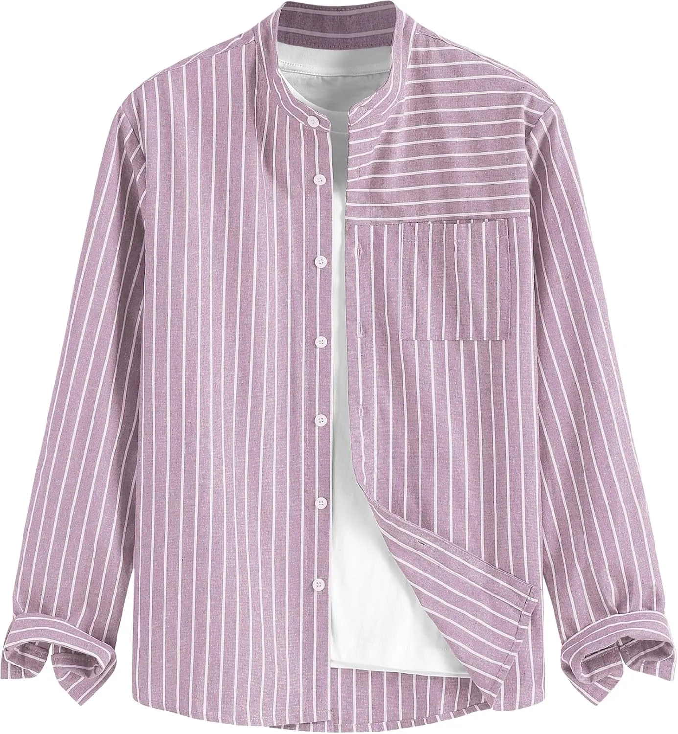 ZAFUL Men's Casual Button-Down Shirts Long Sleeve Striped Cuban Guayabera Banded Collar with Pocket All-Day Shirt Tops