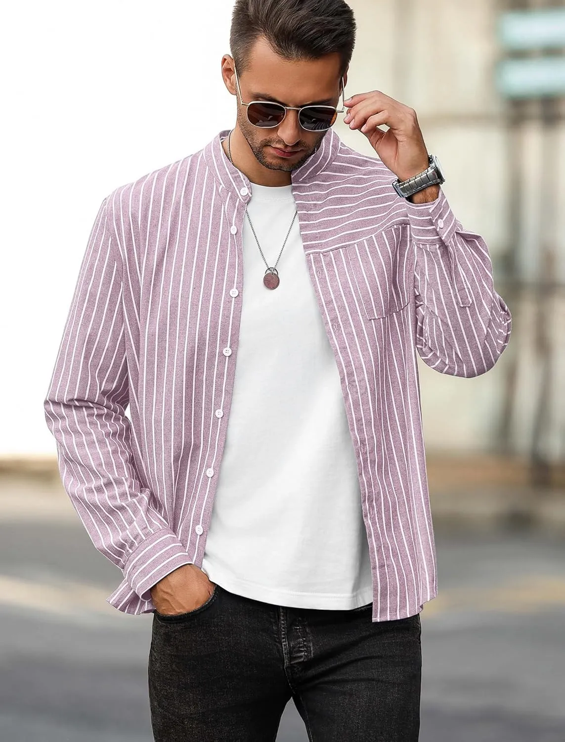 ZAFUL Men's Casual Button-Down Shirts Long Sleeve Striped Cuban Guayabera Banded Collar with Pocket All-Day Shirt Tops