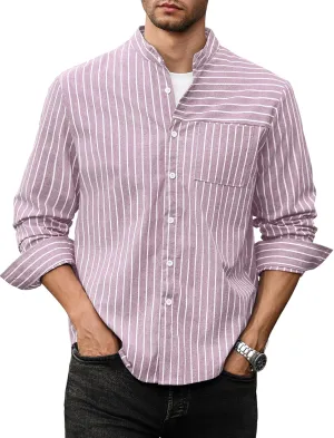 ZAFUL Men's Casual Button-Down Shirts Long Sleeve Striped Cuban Guayabera Banded Collar with Pocket All-Day Shirt Tops