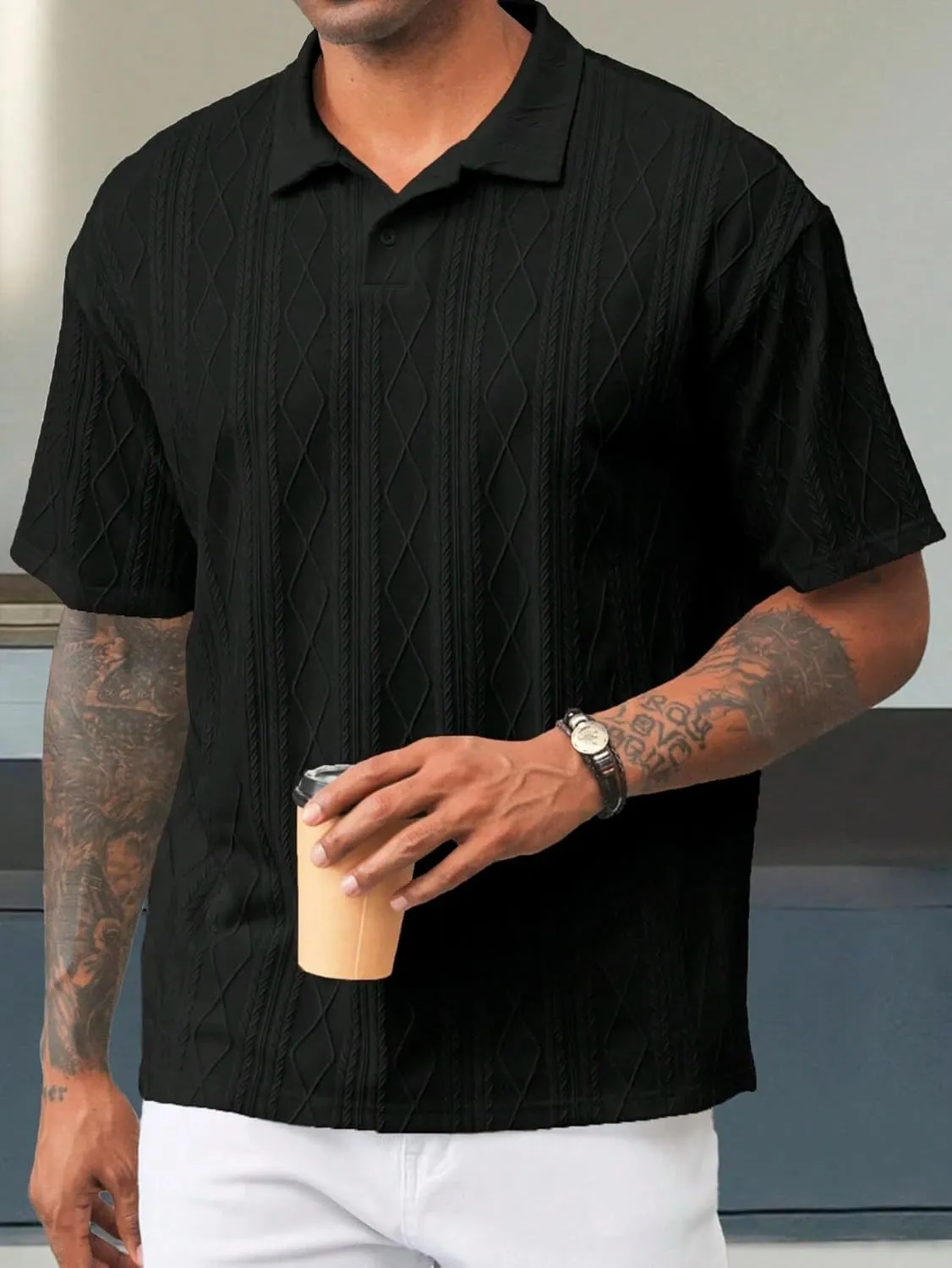 ZAFUL Men's Polo Shirts Textured Short Sleeve Golf Shirt Openwork Casual Cuban Geometric Jacquard T-Shirt
