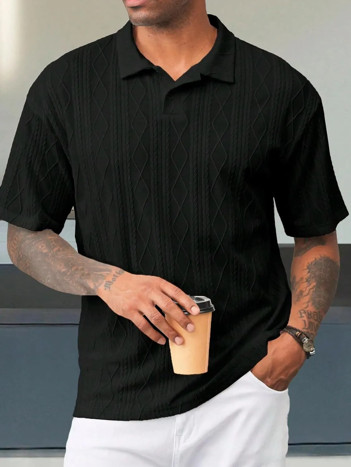 ZAFUL Men's Polo Shirts Textured Short Sleeve Golf Shirt Openwork Casual Cuban Geometric Jacquard T-Shirt