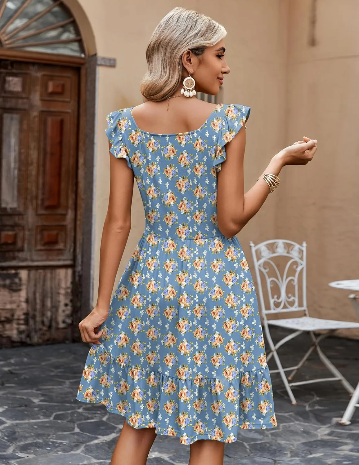 Zeagoo Womens Summer Dress Casual Ruffle Tiered Floral Square Neck Sundresses Beach Boho Mini A-line Dress 2025 with Pockets