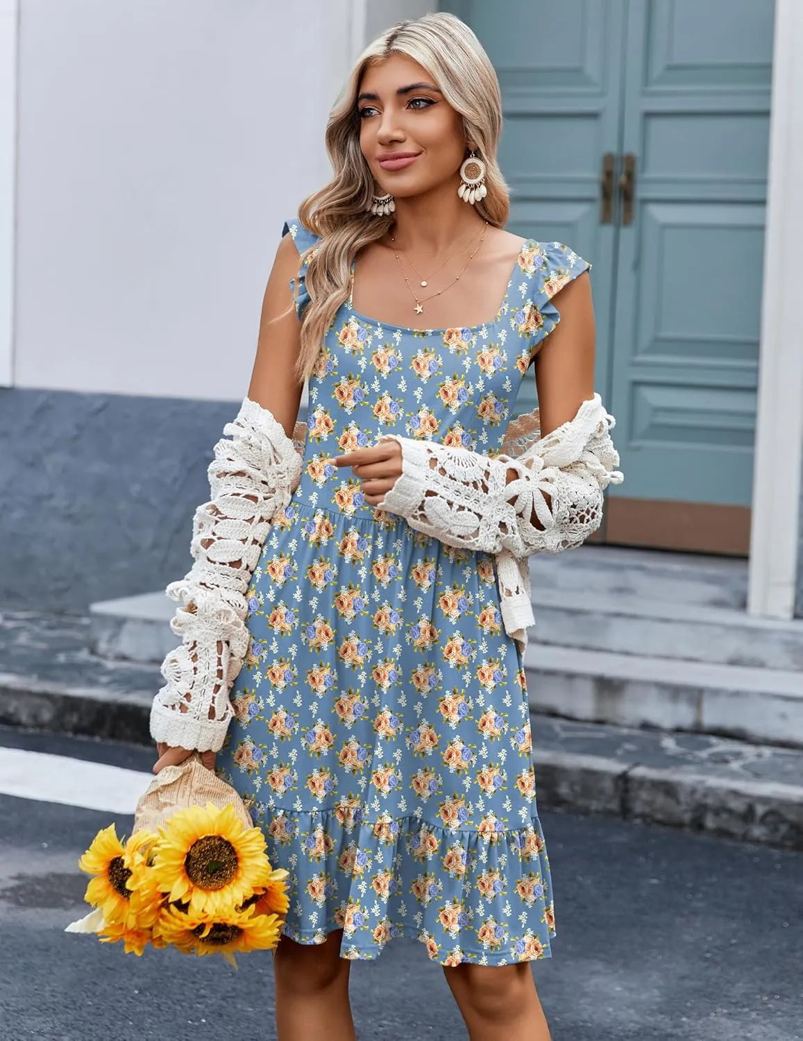 Zeagoo Womens Summer Dress Casual Ruffle Tiered Floral Square Neck Sundresses Beach Boho Mini A-line Dress 2025 with Pockets