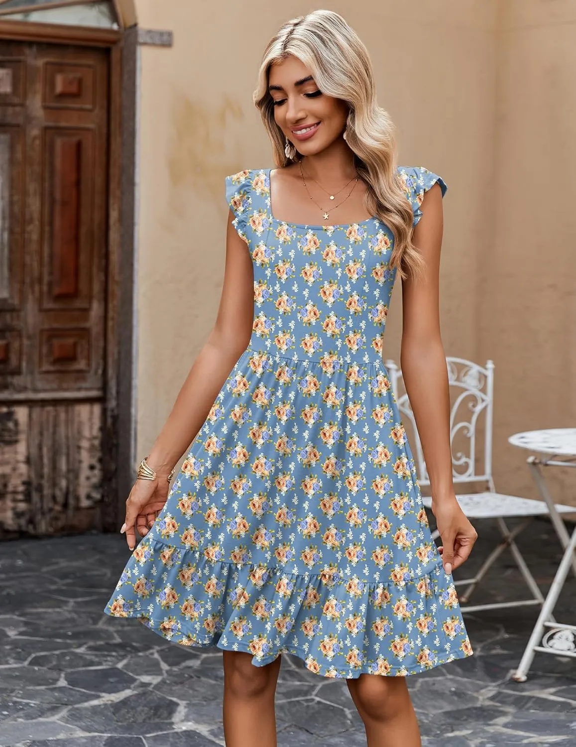 Zeagoo Womens Summer Dress Casual Ruffle Tiered Floral Square Neck Sundresses Beach Boho Mini A-line Dress 2025 with Pockets