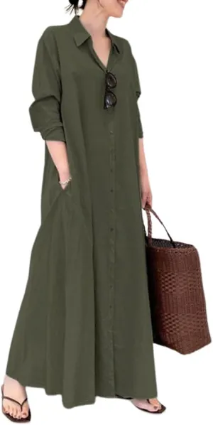 ZOCAVIA Women's Casual Cotton Linen Shirt Dress Polo Neck Long Sleeve Button-End Basic Loose Fit Dress with Pockets