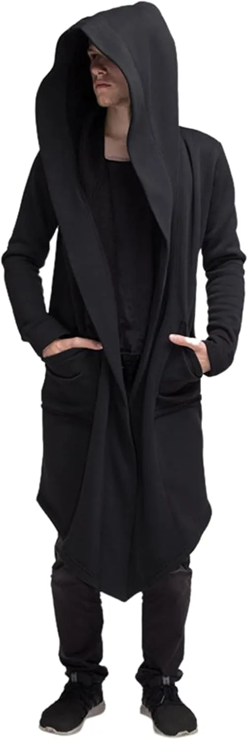 ZYXTIM Men's Casual Long Hooded Draped Cardigan Long Sleeve Shawl Ruffle Open Front Lightweight Cape Cloak Overcoat