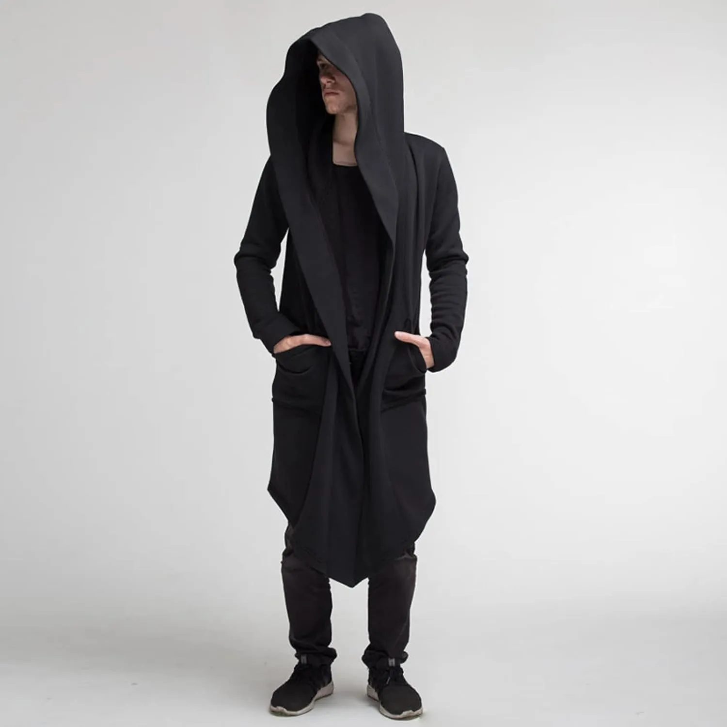 ZYXTIM Men's Casual Long Hooded Draped Cardigan Long Sleeve Shawl Ruffle Open Front Lightweight Cape Cloak Overcoat